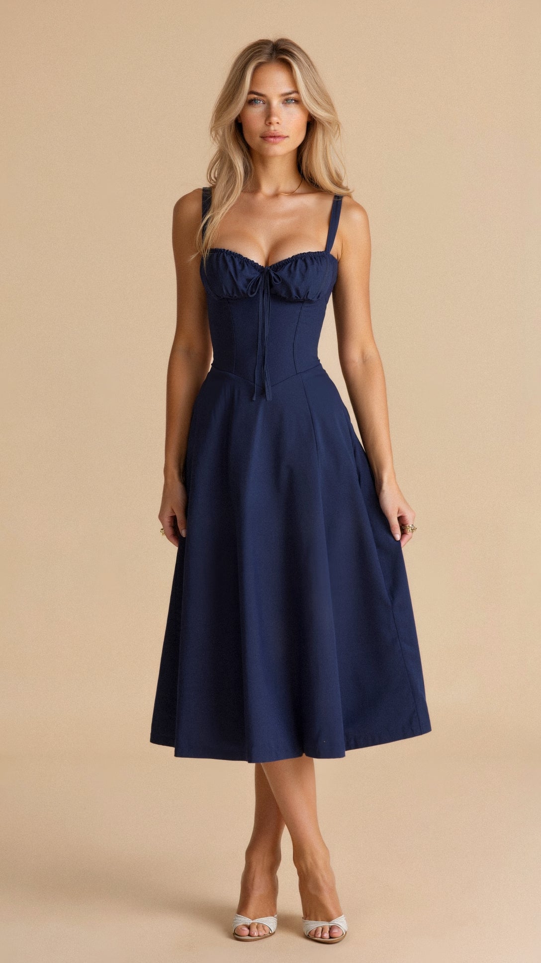 Floral Pattern Midi Corset Dress — Navy Blue