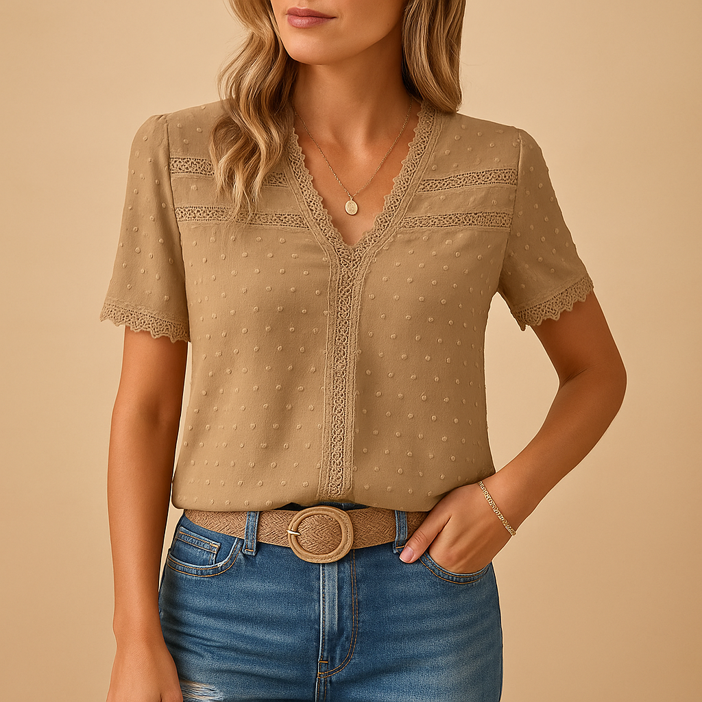Short Sleeve Lace Blouse — Khaki