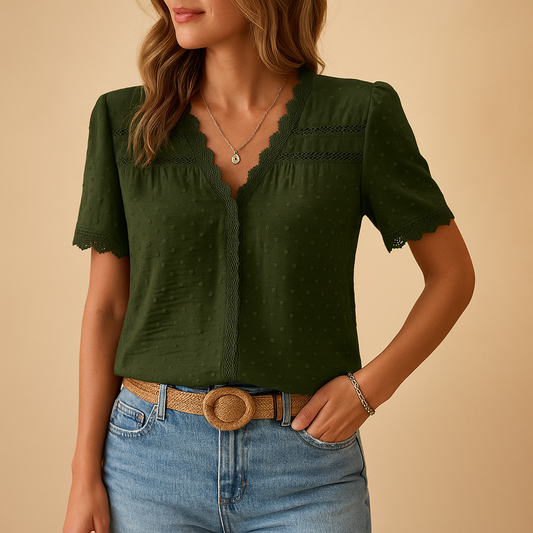 Short Sleeve Lace Blouse — Army Green