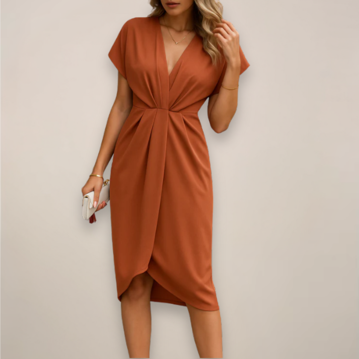 Short-Sleeve Wrap Midi Dress — Rust