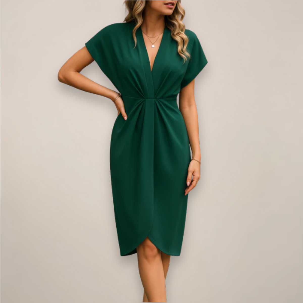 Short-Sleeve Wrap Midi Dress — Dark Green