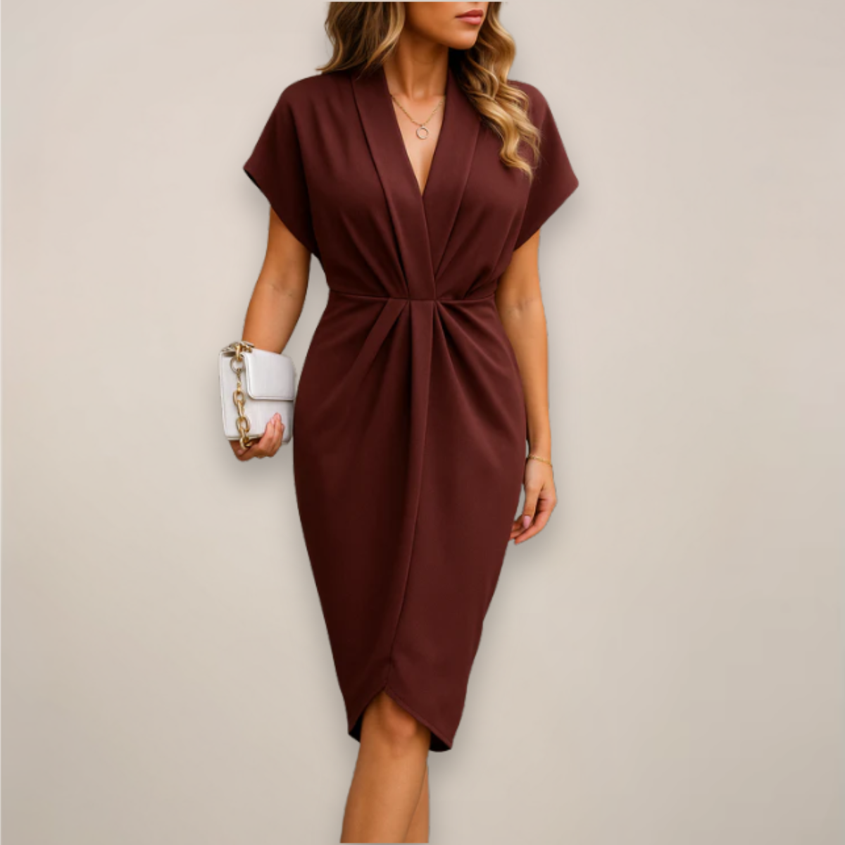 Short-Sleeve Wrap Midi Dress — Wine Red