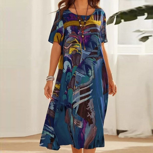 Flared Dress with Patterns — Blue