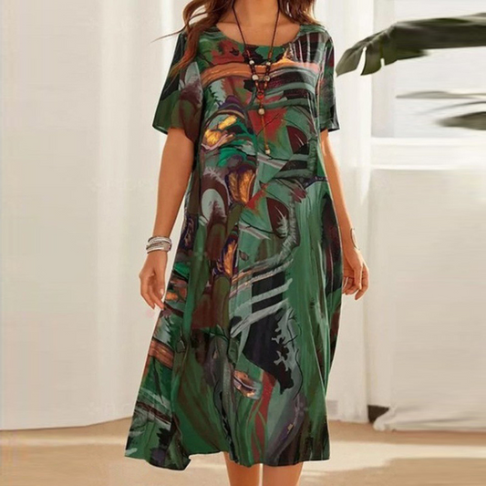 Flared Dress with Patterns — Green