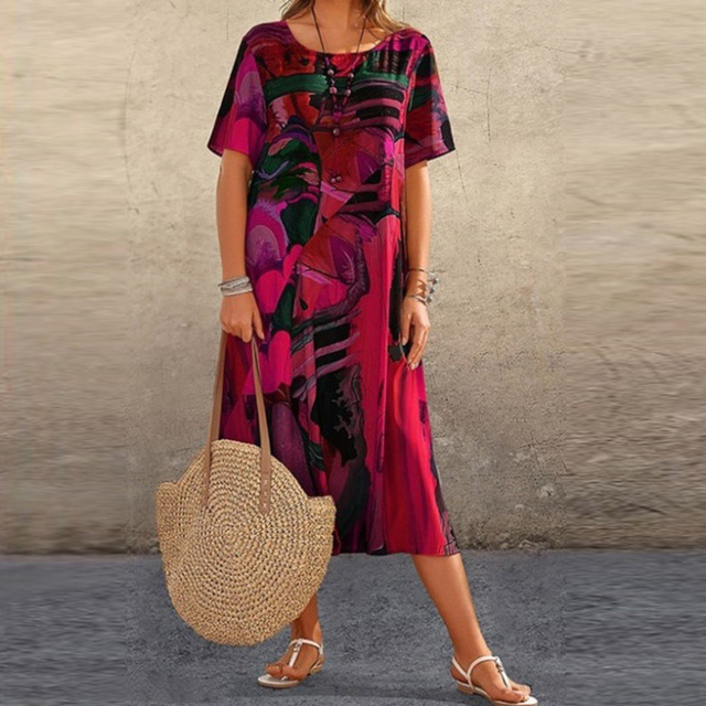 Flared Dress with Patterns — Red