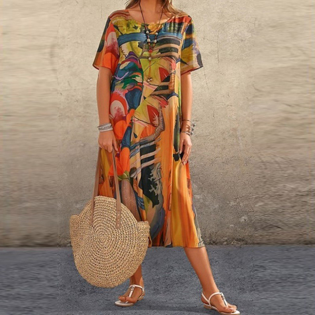 Flared Dress with Patterns — Orange