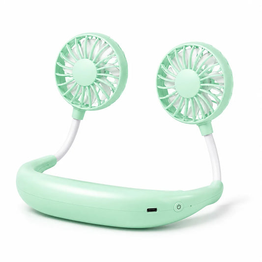 USB Rechargeable Neck Fan with Double Rotating Heads and 3 Speeds — Green