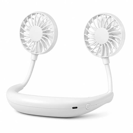 USB Rechargeable Neck Fan – Dual Rotating Heads and 3 Speeds — White