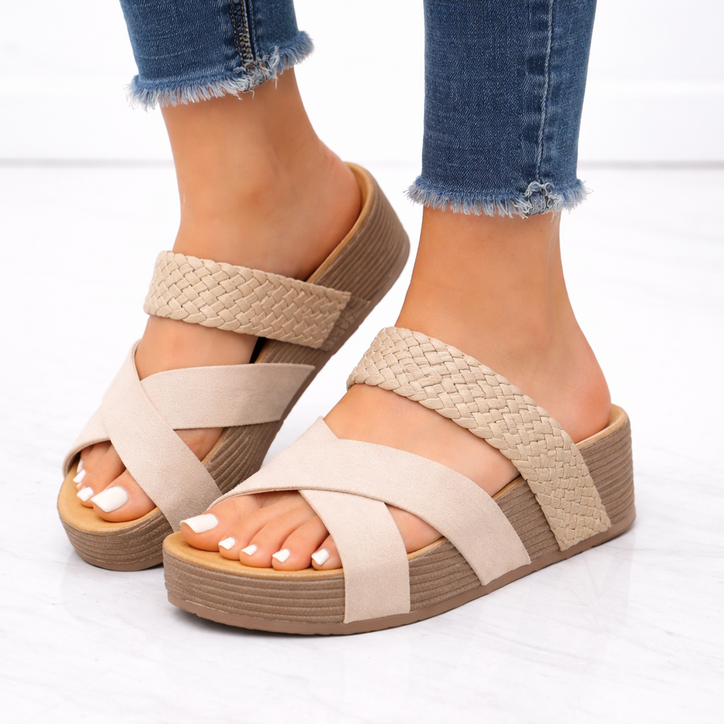 Wedge Mules with Crossed Straps — Beige