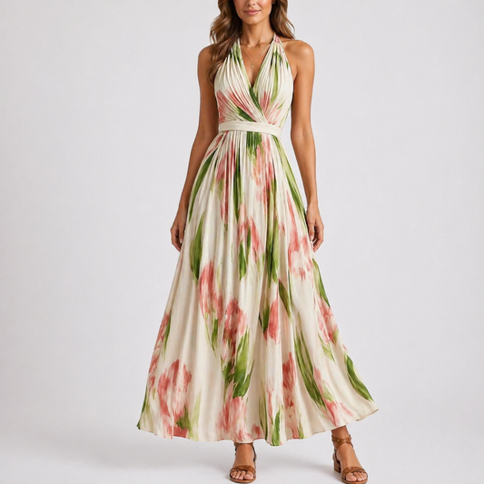 Long Dress with Watercolor Patterns — White/Green/Pink