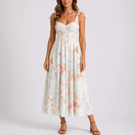 Floral Print Midi Dress — White/Pink/Green