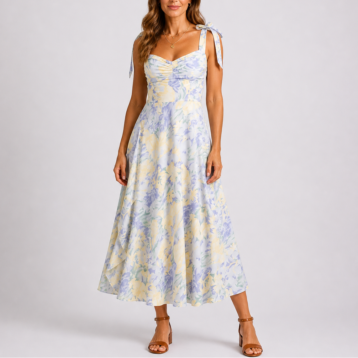 Midikleid mit Blumenmuster — Weiß/Blau/Gelb