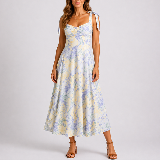 Floral Print Midi Dress — White/Blue/Yellow