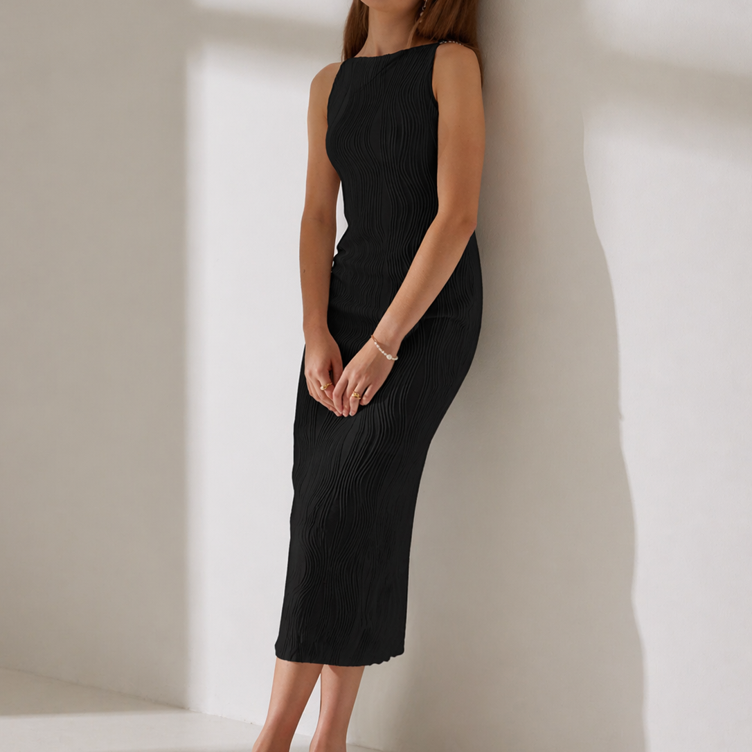 Textured Mid-Length Fitted Dress — Black