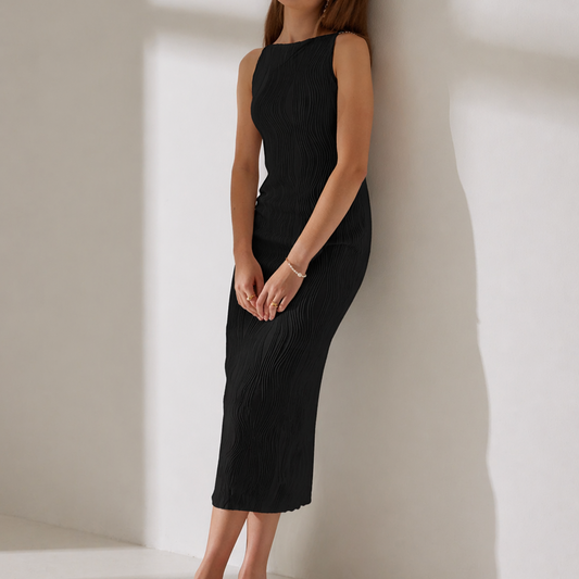 Textured Mid-Length Fitted Dress — Black