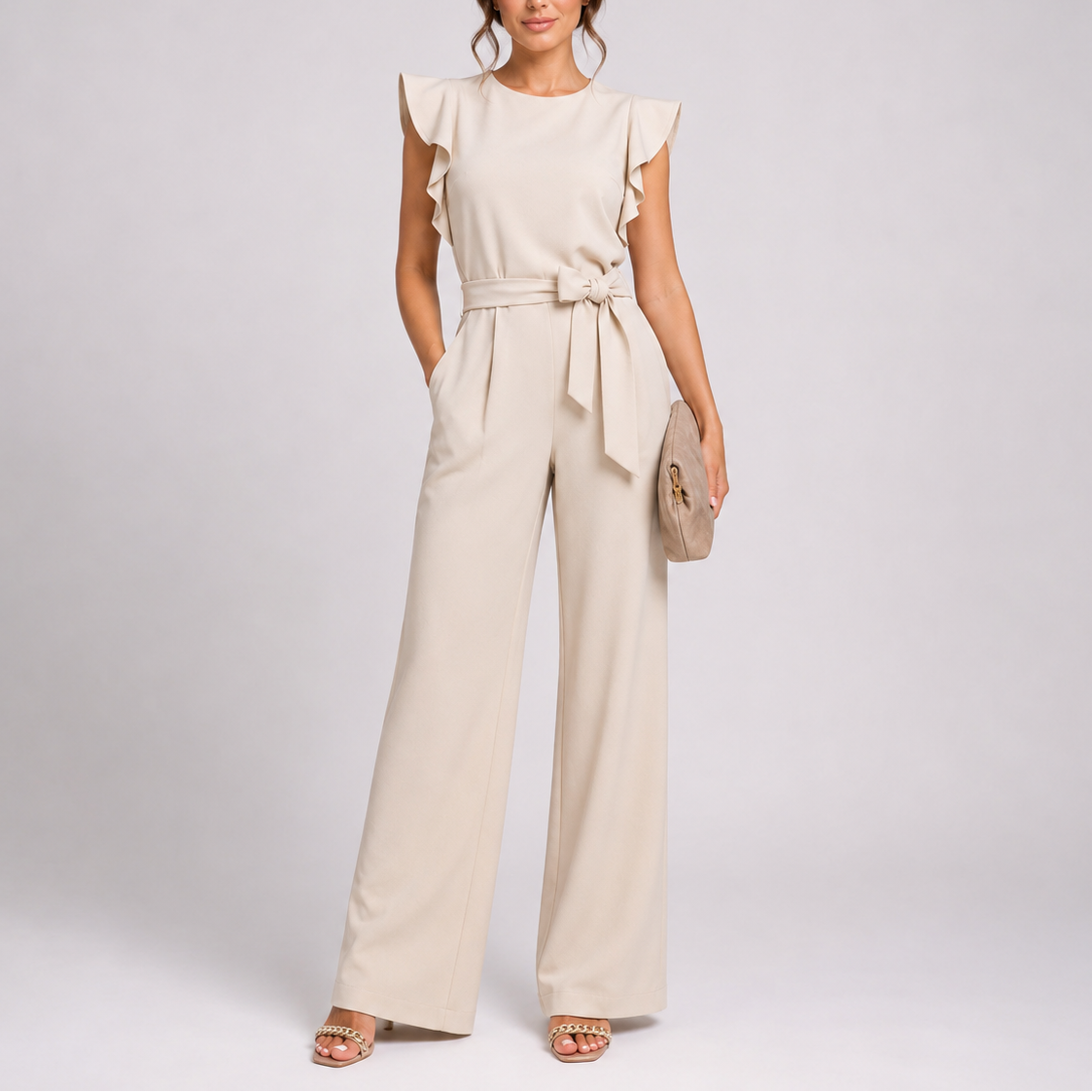 Damen-Jumpsuit mit weitem Bein und ärmellosem Design — Beige