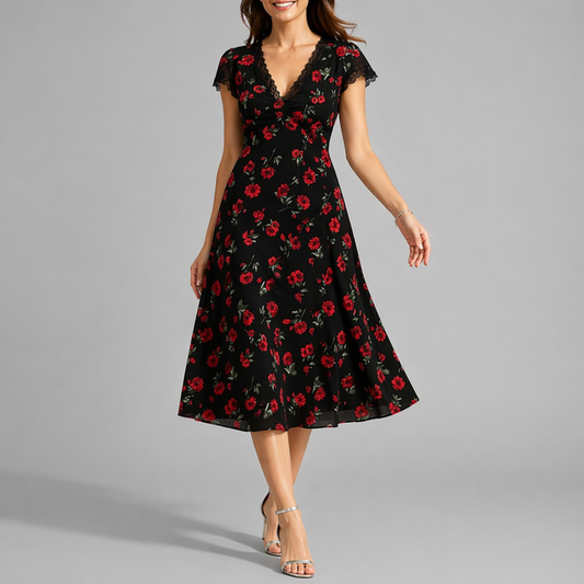 Flared Dress with Floral Print — Black