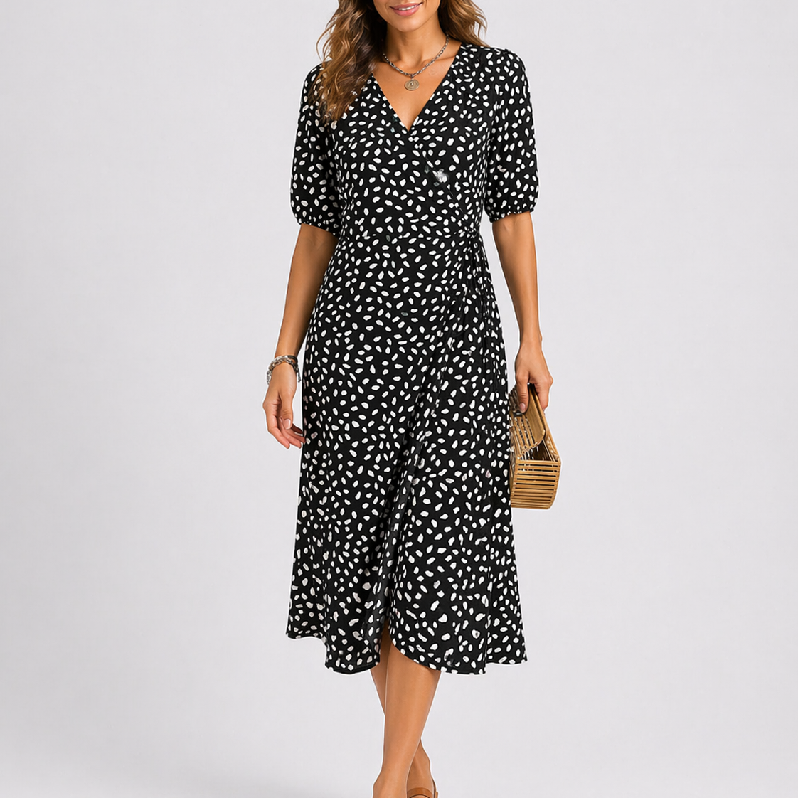 Mid-Length Dress with Abstract Pattern — Black