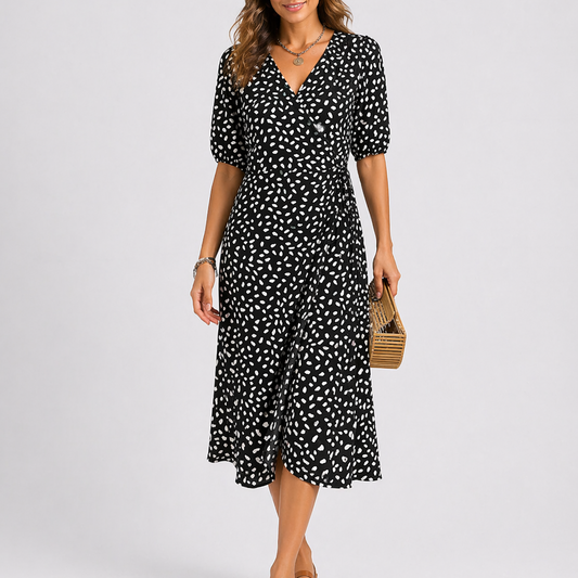 Mid-Length Dress with Abstract Pattern — Black
