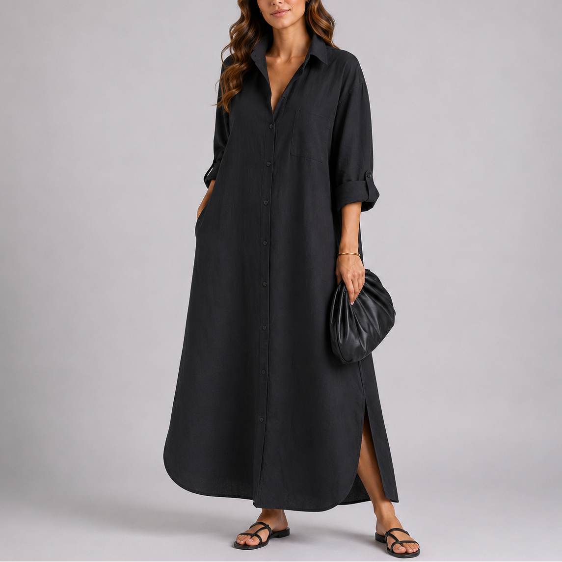 Long Shirt-Style Dress — Black