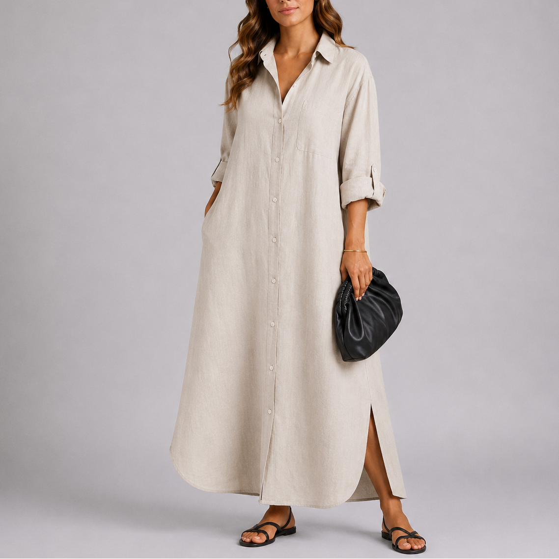 Long Shirt-Style Dress — Beige