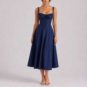Damenkleid in Midilänge mit Korsett-Oberteil — Marineblau