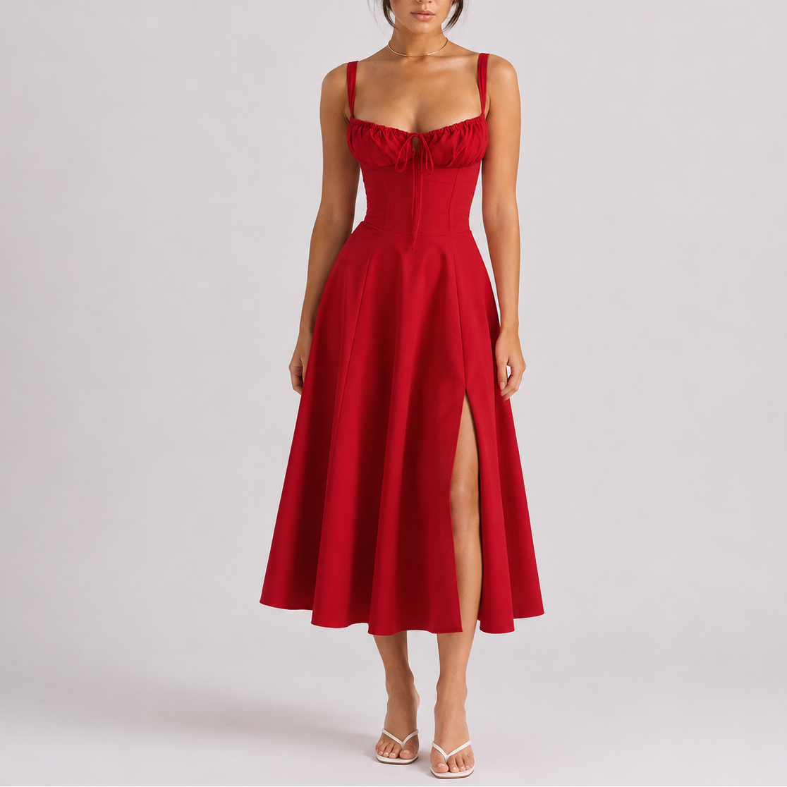 Midi Corset Dress with Bustier — Red