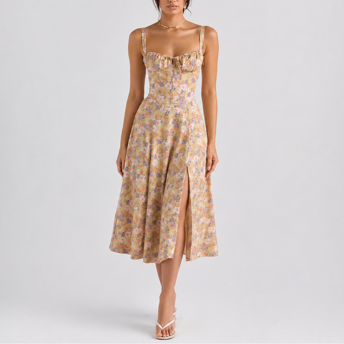 Midi Corset Dress with Bustier — Beige