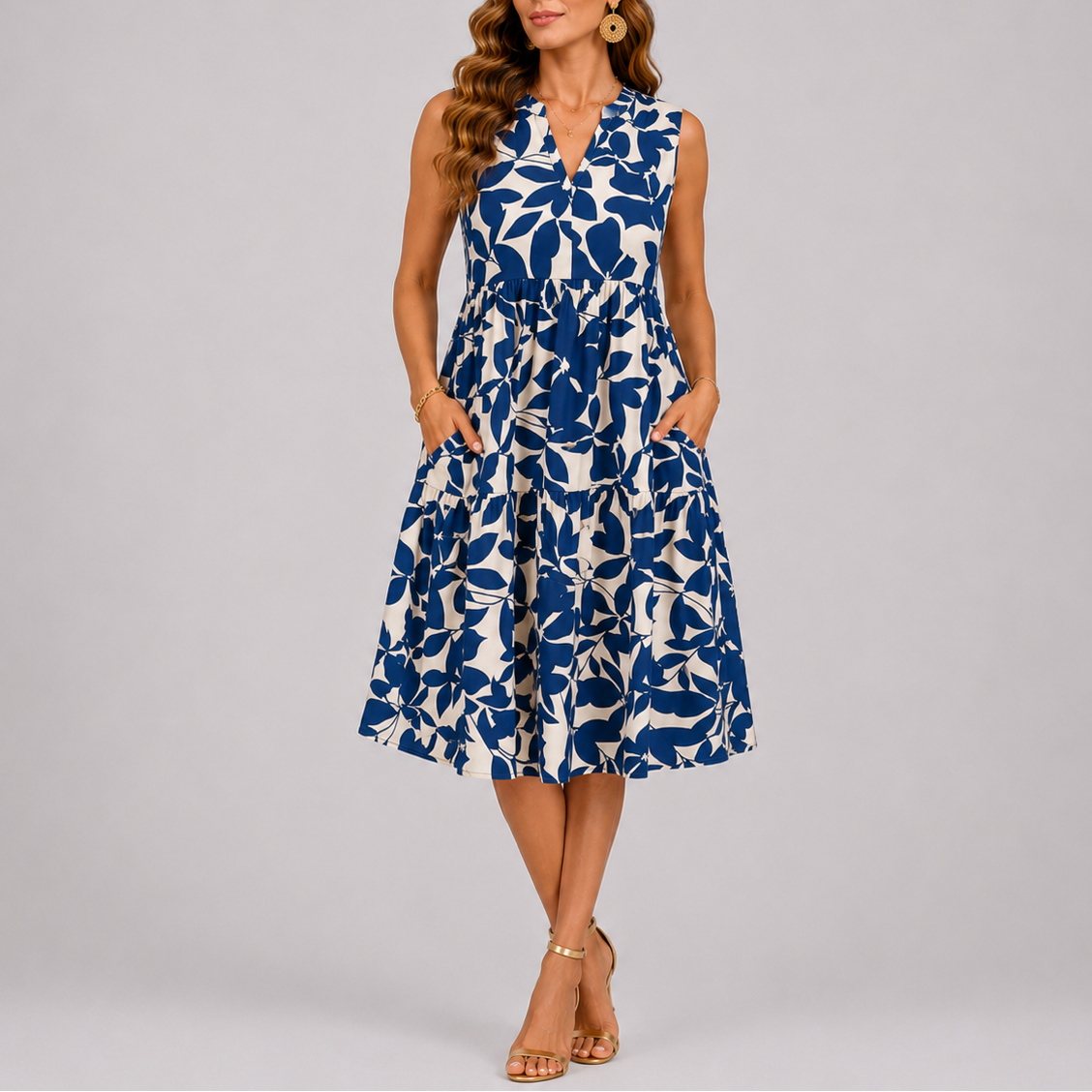 Floral Midi Dress with Ruffles — Navy