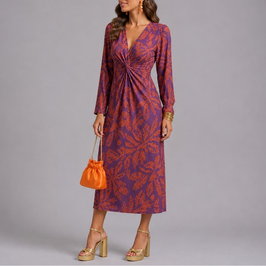 Floral Long Sleeve Midi Dress — Purple