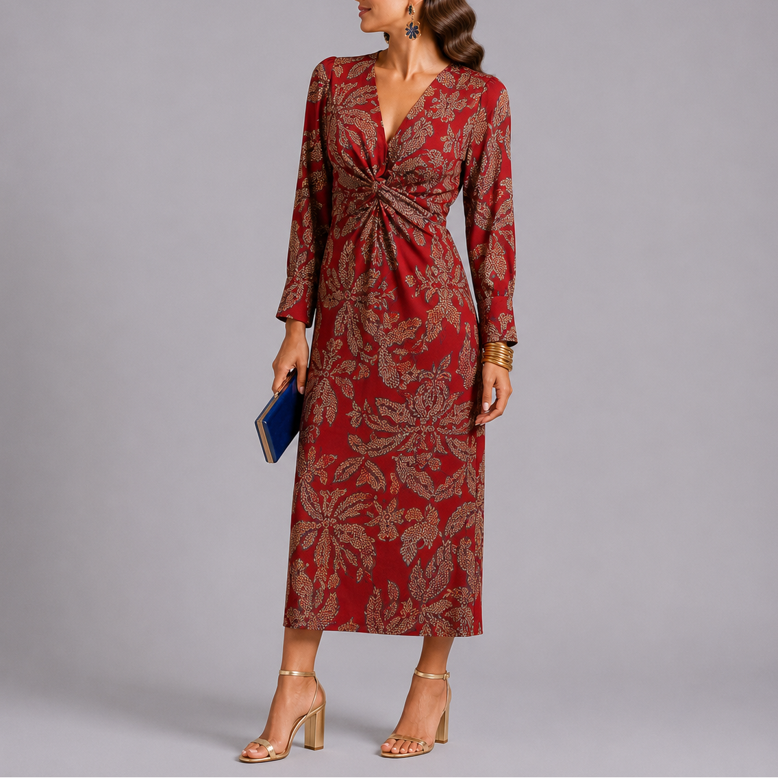 Floral Long Sleeve Midi Dress — Red