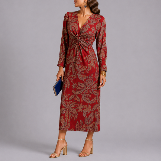 Floral Long Sleeve Midi Dress — Red