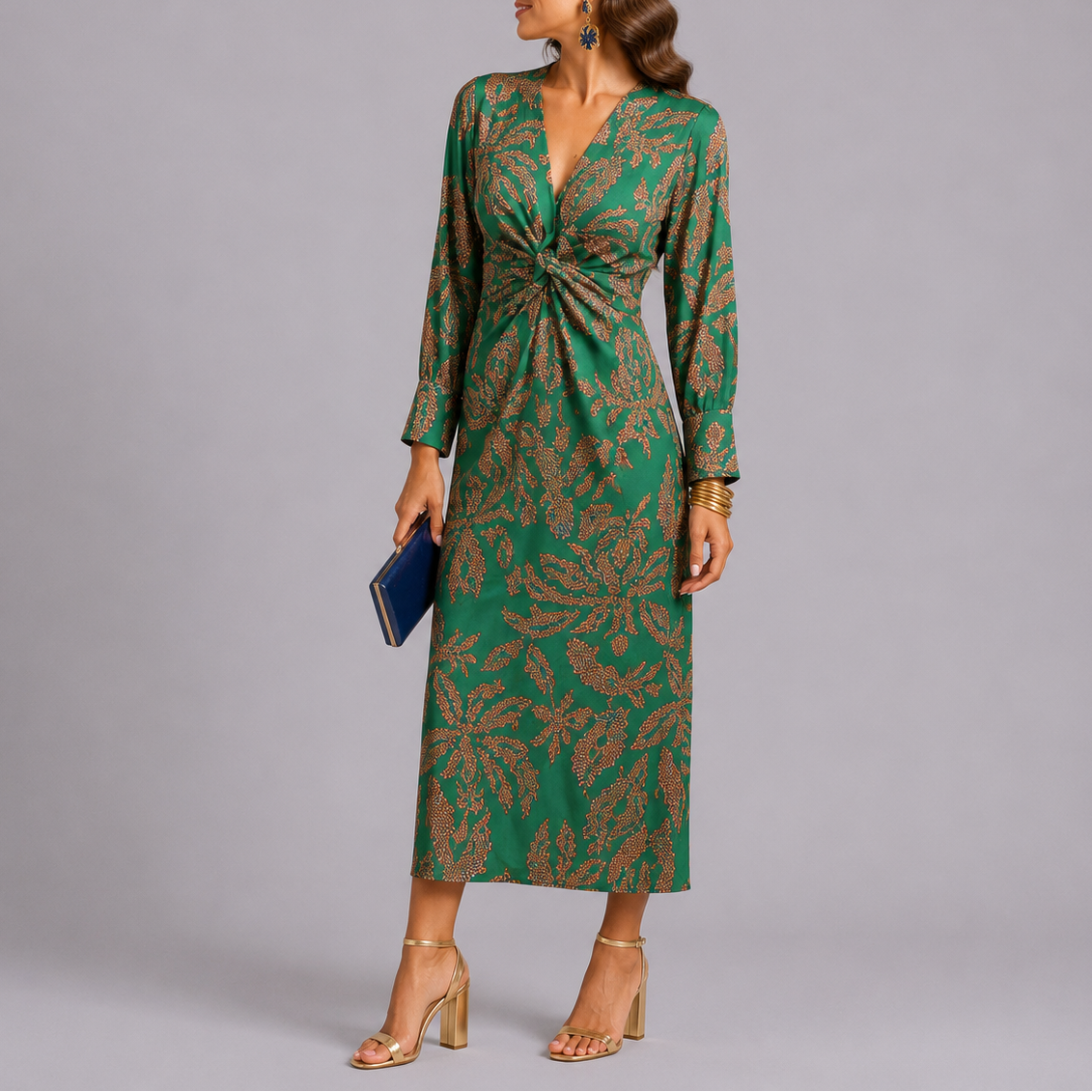 Floral Long Sleeve Midi Dress — Green