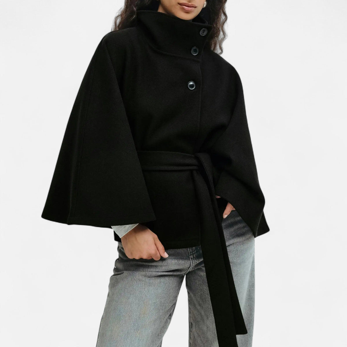 Vintage High Collar Belted Cape for Women — Black