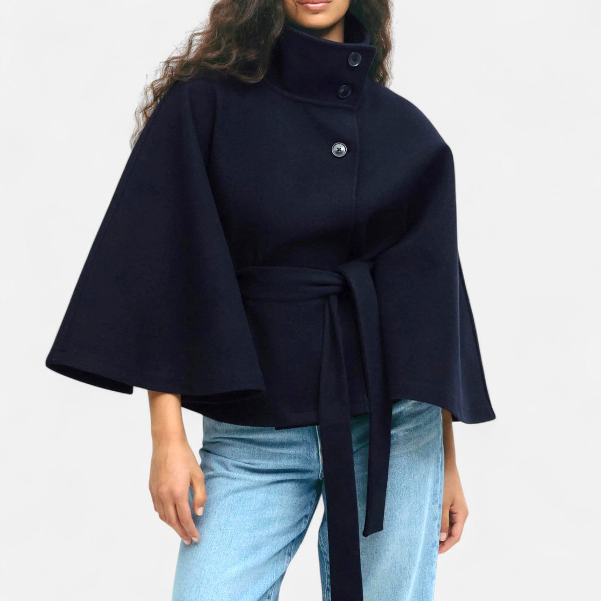 Vintage High Collar Belted Cape for Women — Navy