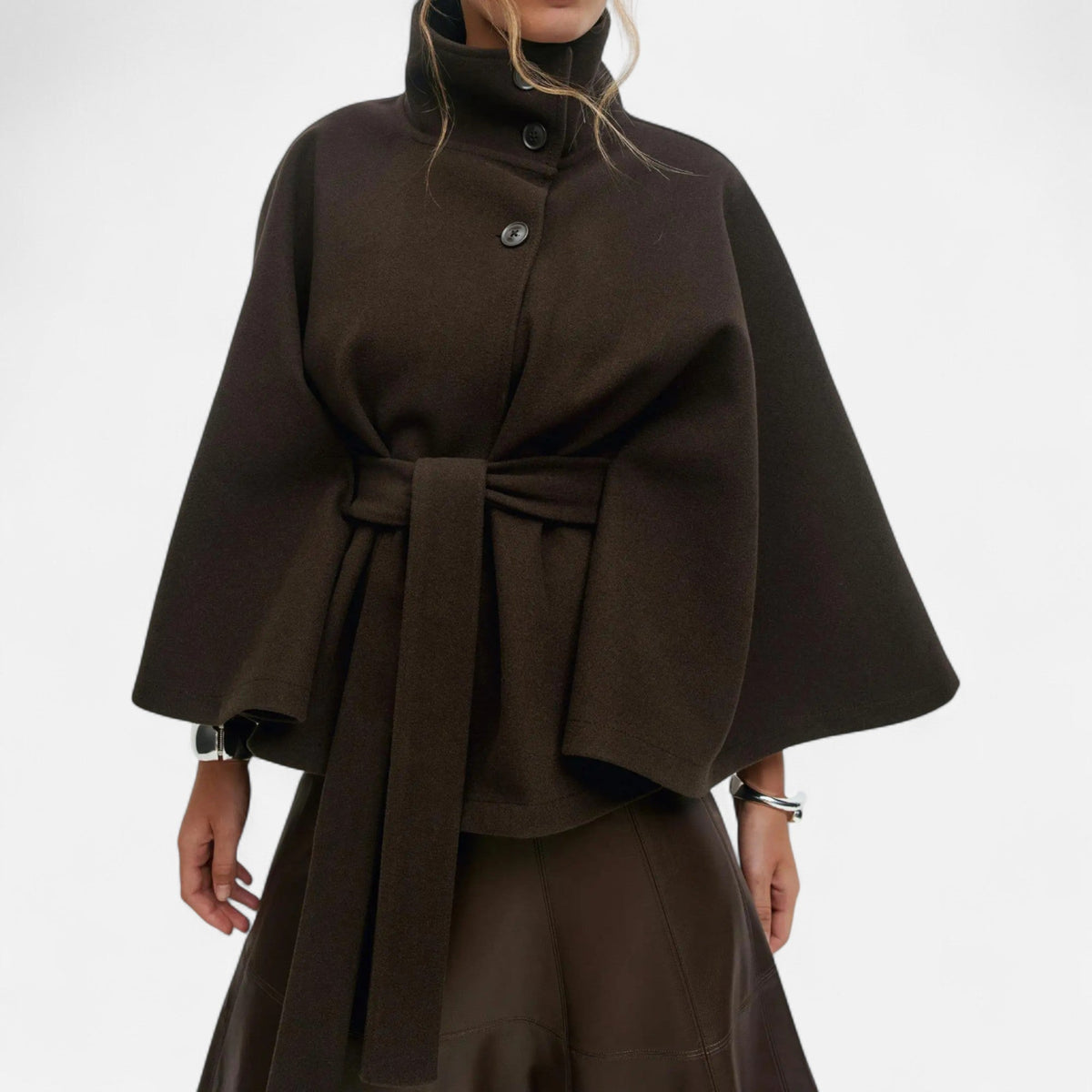Vintage High Collar Belted Cape for Women — Coffee