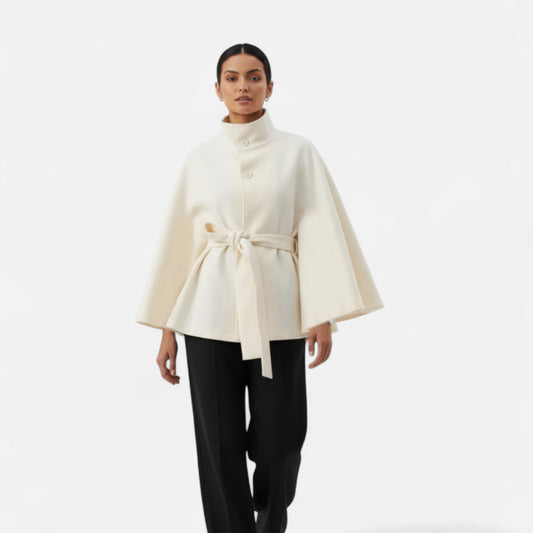 Vintage High Collar Belted Cape for Women — White