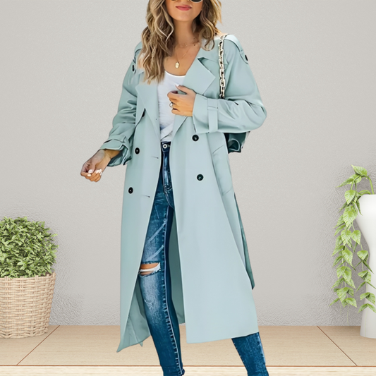 Women's Double-Breasted Trench Coat with Notched Collar — Light Blue