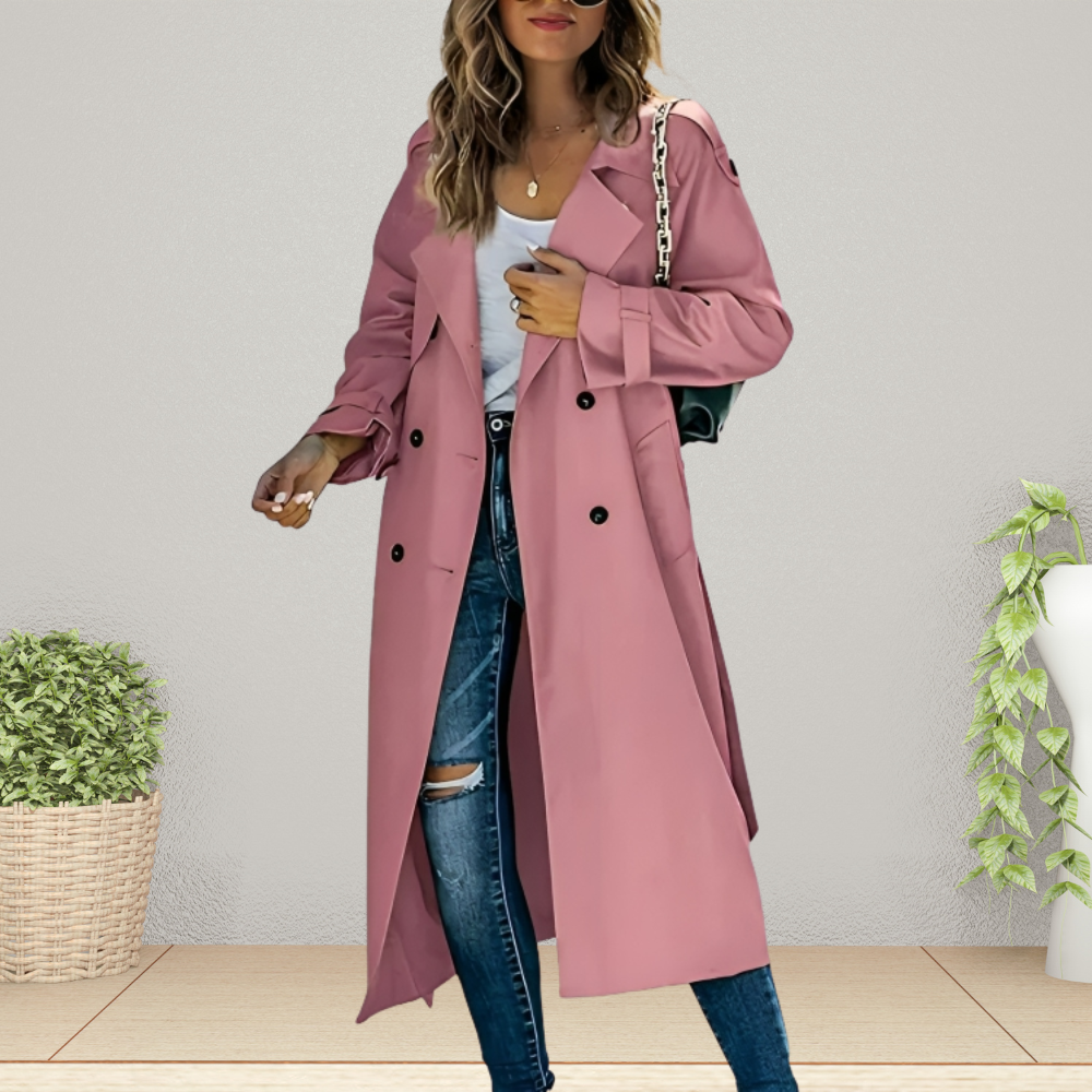 Women's Double-Breasted Trench Coat with Notched Collar — Pink