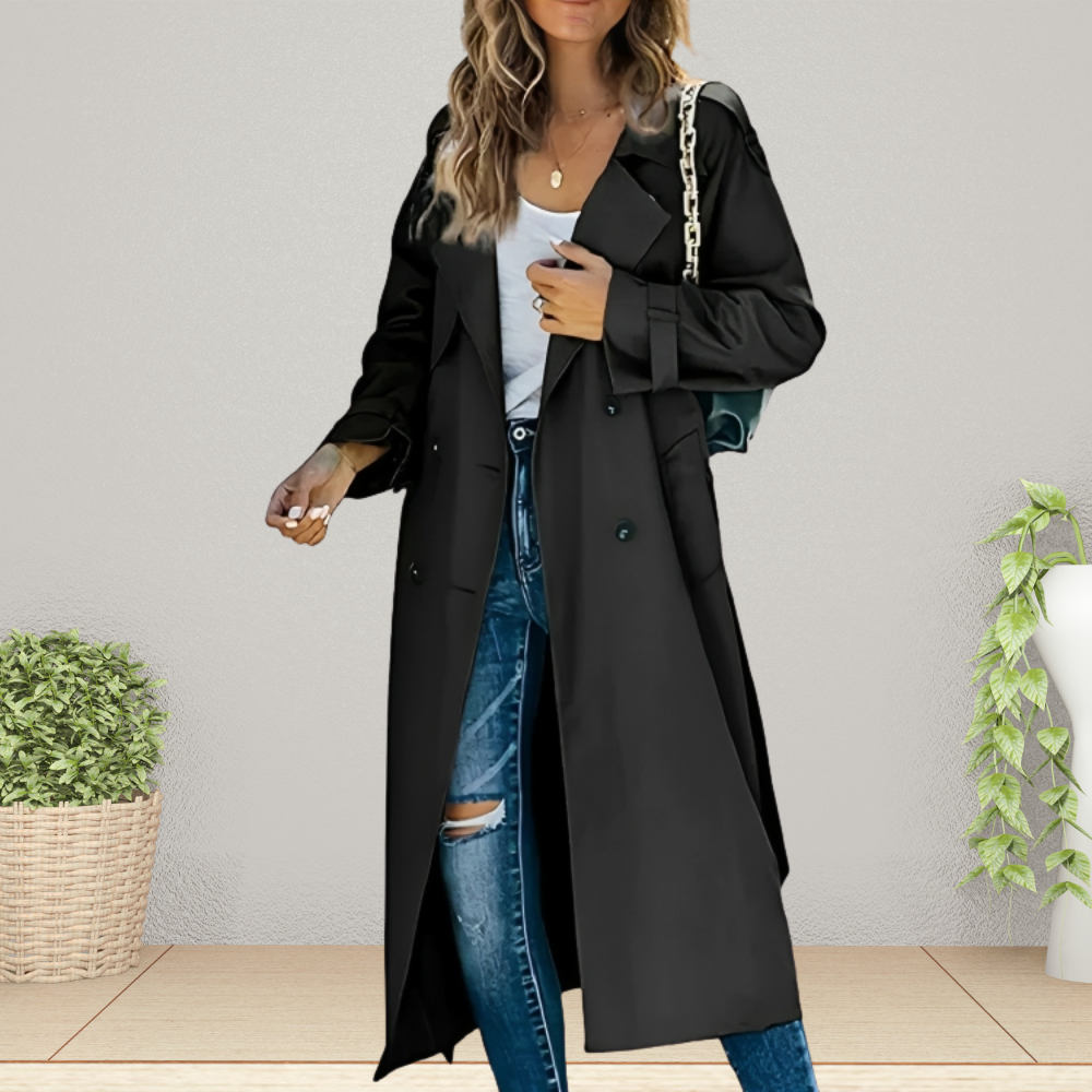 Women's Double-Breasted Trench Coat with Notched Collar — Black