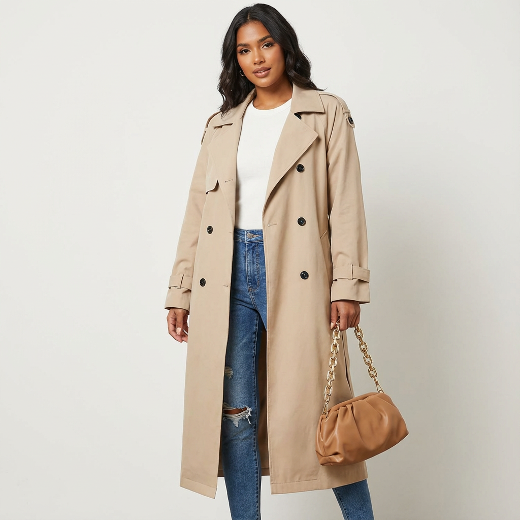 Women's Trench Coat – Notched Collar, Double-Breasted, Long Silhouette — Beige