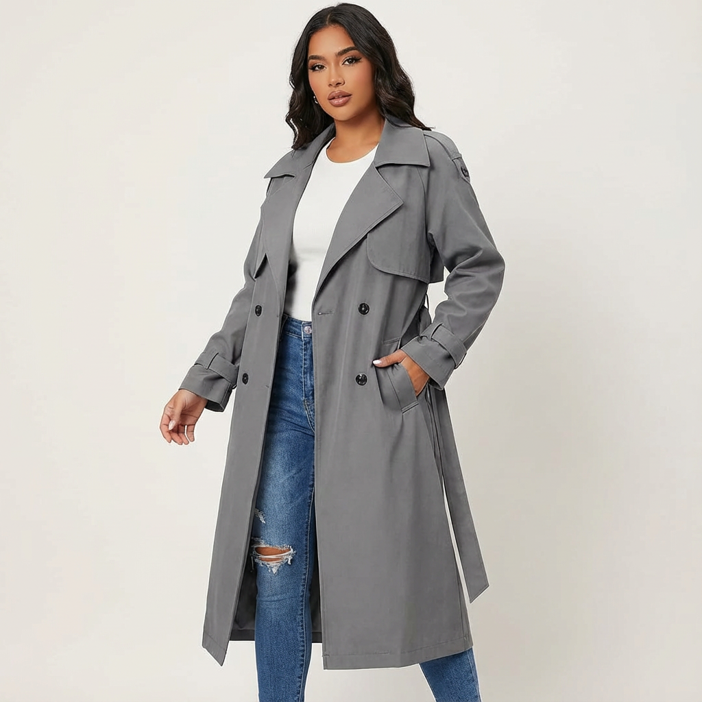 Women's Trench Coat – Notched Collar, Double-Breasted, Long Silhouette — Grey