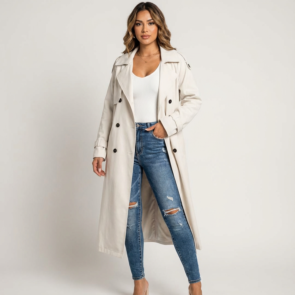 Women's Trench Coat – Notched Collar, Double-Breasted, Long Silhouette — product view