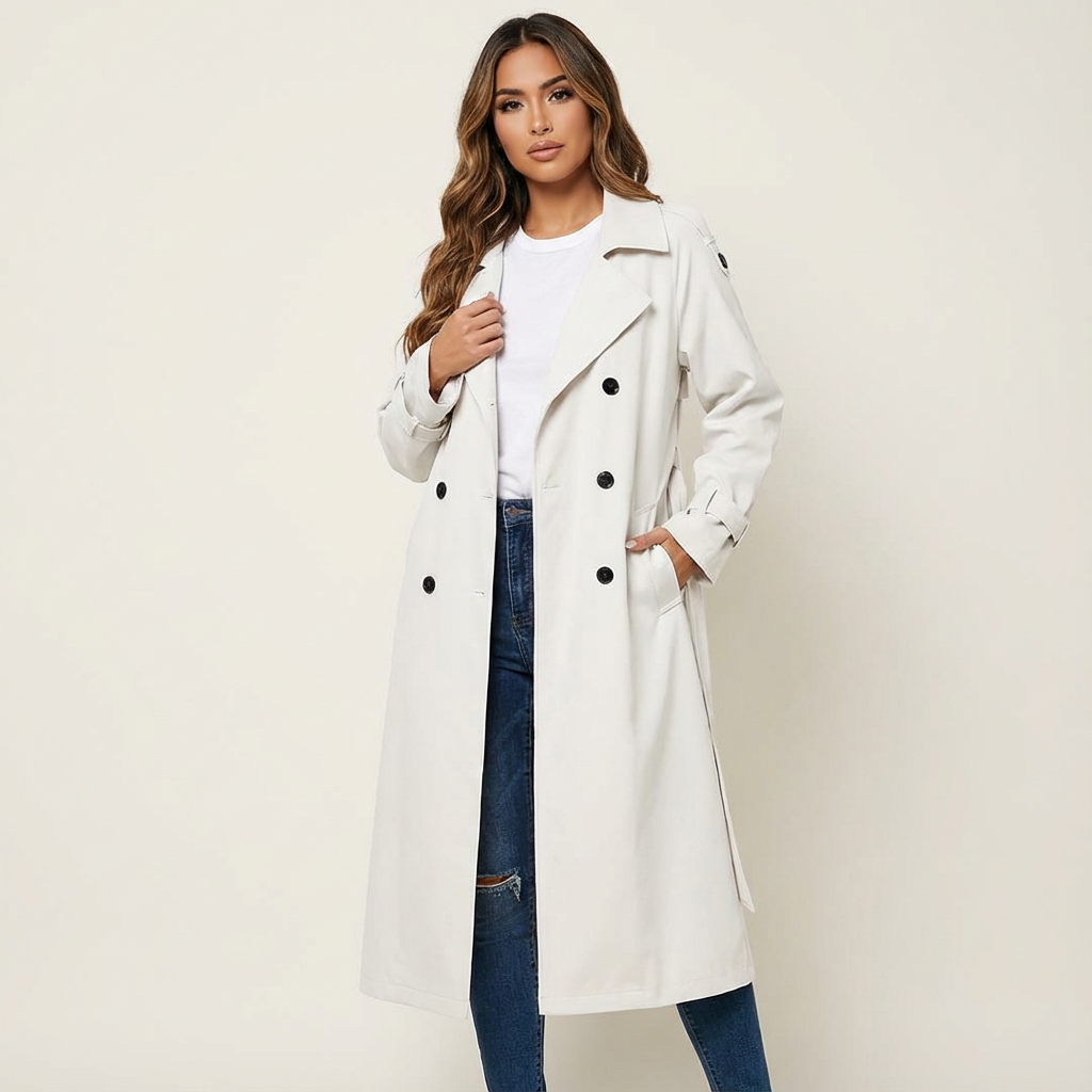 Women's Trench Coat – Notched Collar, Double-Breasted, Long Silhouette — White