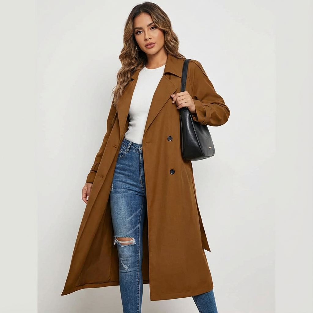 Women's Trench Coat – Notched Collar, Double-Breasted, Long Silhouette — Brown