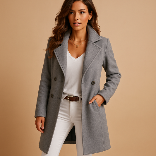 Women's Fabric Coat – Classic Collar, Double-Breasted, Long Silhouette — Grey