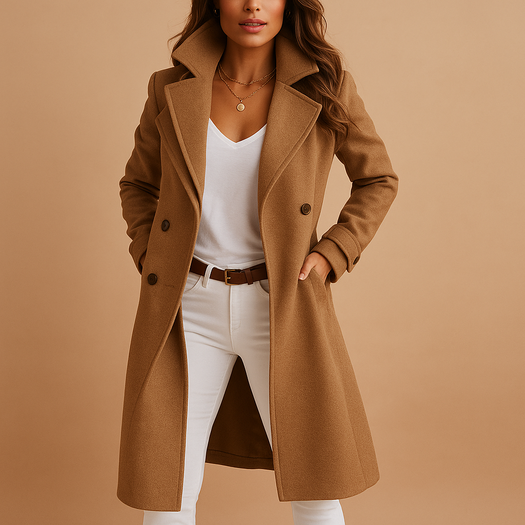 Women's Fabric Coat – Classic Collar, Double-Breasted, Long Silhouette — Brown