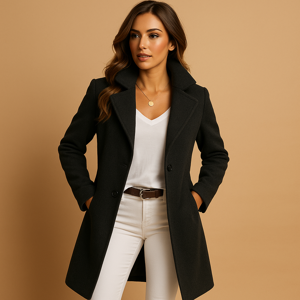 Women's Fabric Coat – Classic Collar, Double-Breasted, Long Silhouette — Black