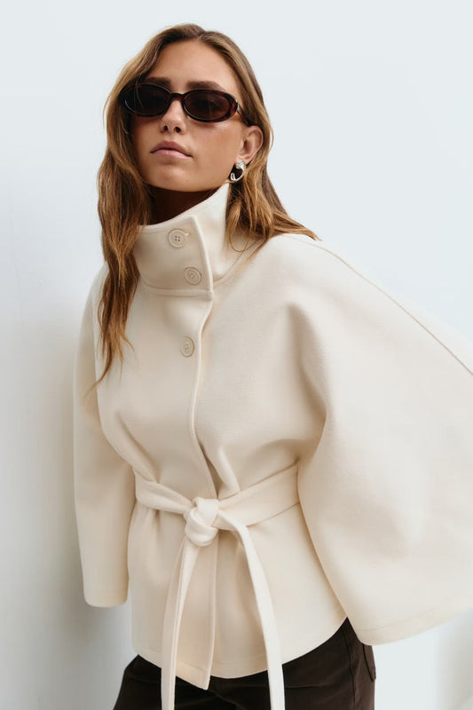 Women's High-Neck Tie-Waist Cape — Beige