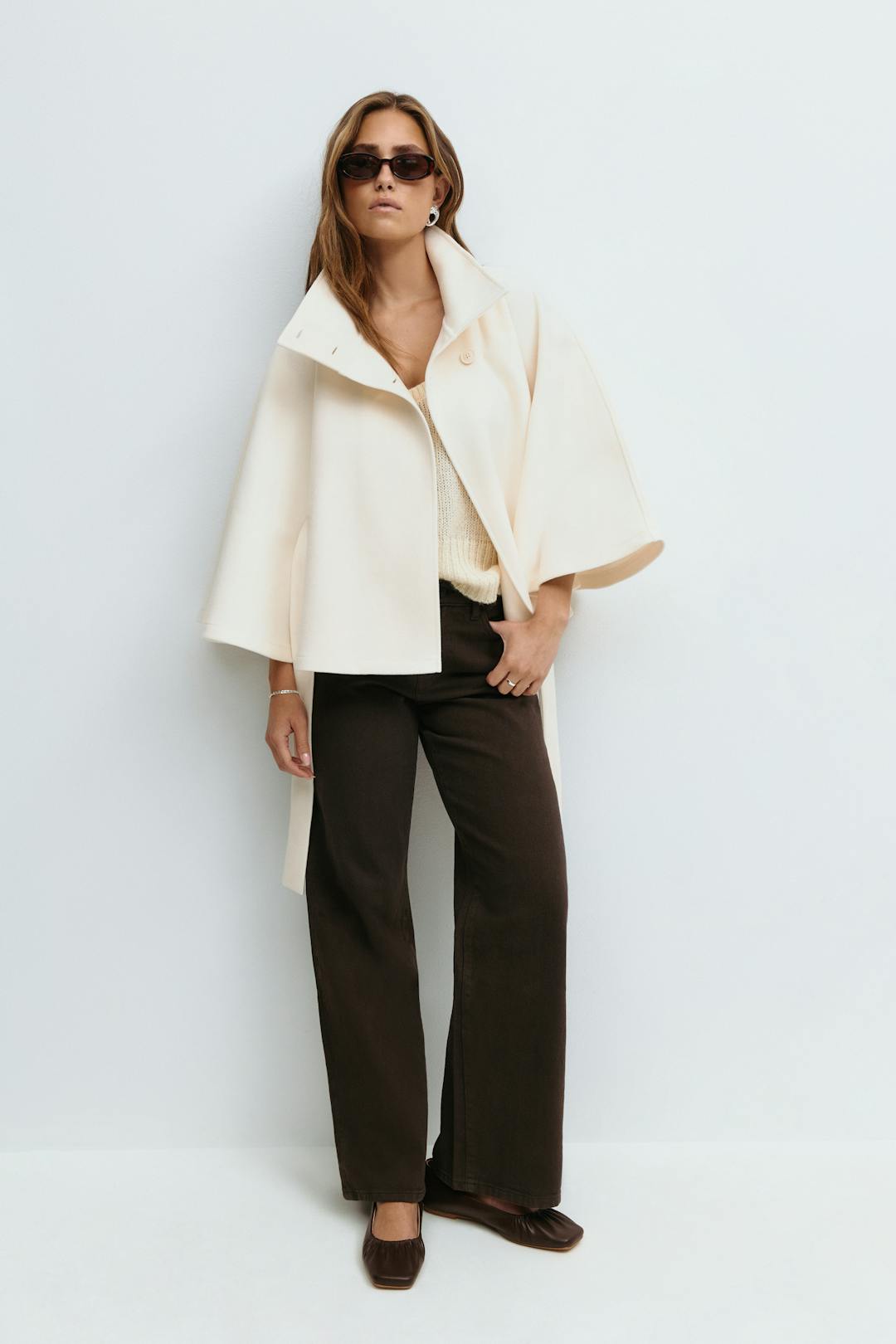 Women's High-Neck Tie-Waist Cape — product view